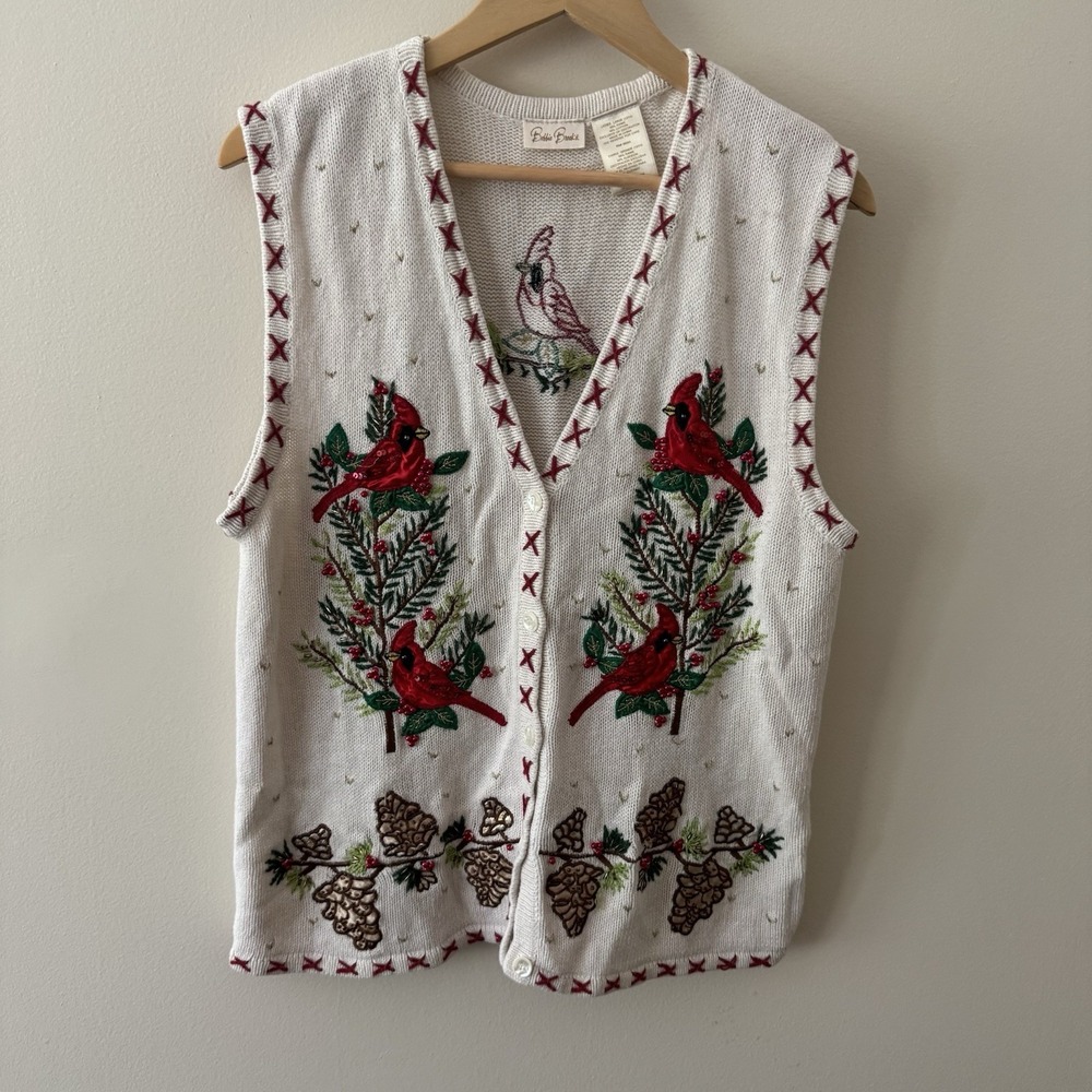 Bobbie Brooks Cardinal Holiday Sweater Vest Women's L (12/14) Cotton Embroidered